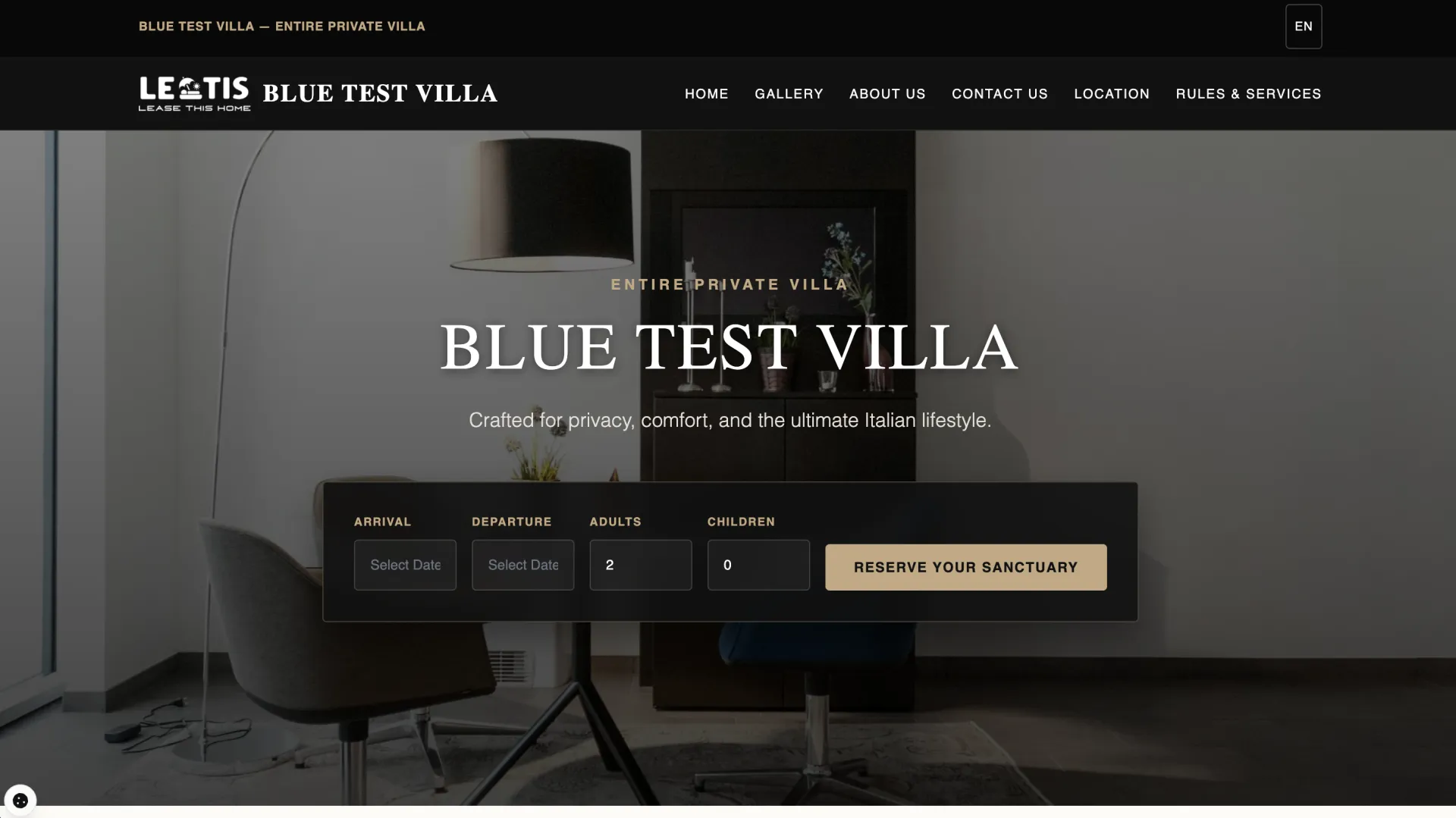 Sito demo Blue Test Villa con foto della struttura e ricerca disponibilità
